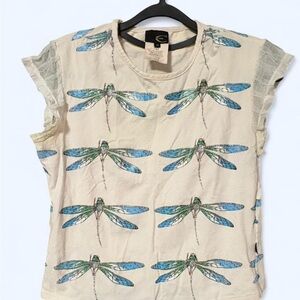 Roberto Cavalli Cream Blouse with Blue and Green Dragonfly Print